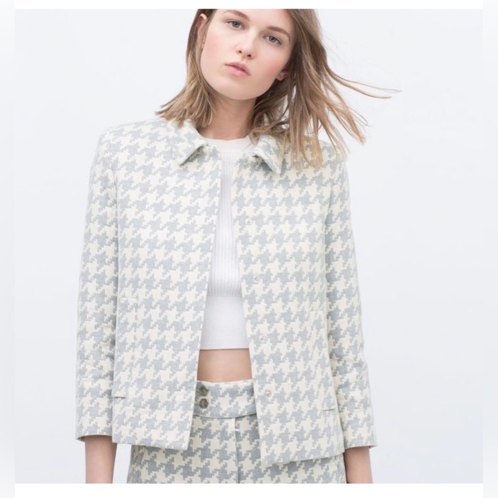 NWOT 🕊️ Zara Cream and Soft Blue Houndstooth Pattern Shacket Sz S / US 4